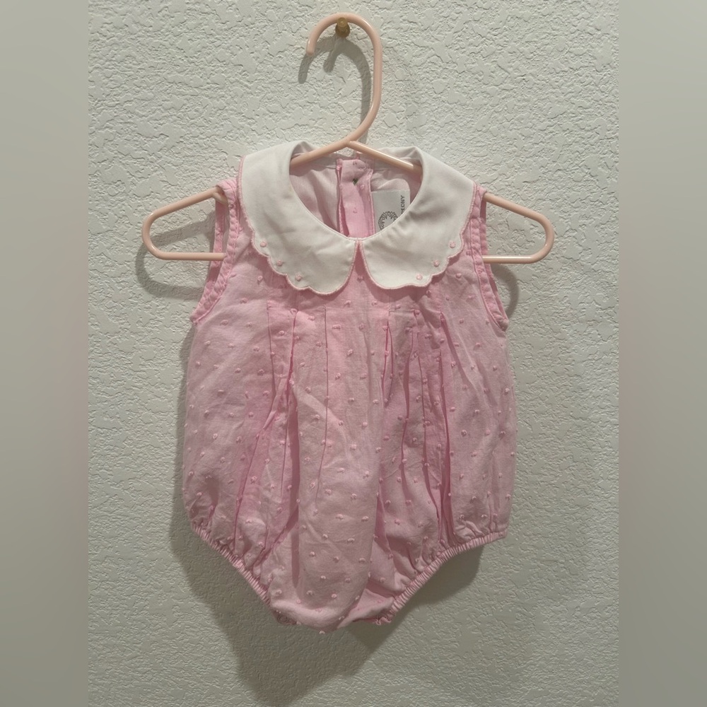 The Proper Peony Vintage Pink Swiss dot Baby Bubble Romper White Collar floral